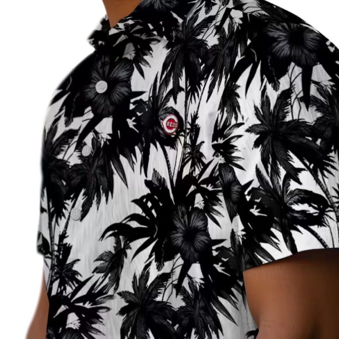 MLB Cincinnati Reds Black & White Hawaiian Shirt - Tropical Palm Design Summer Apparel
