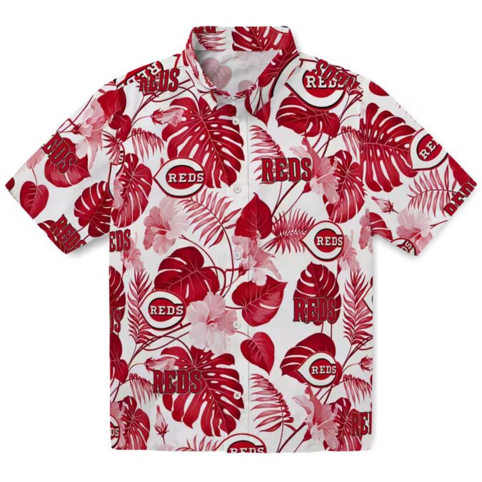 MLB Cincinnati Reds Tropical Plants Hawaiian Shirt - Red White Fan Apparel for Summer