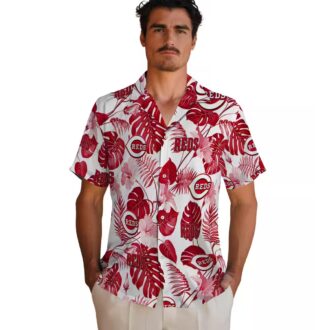 MLB Cincinnati Reds Tropical Plants Hawaiian Shirt - Red White Fan Apparel for Summer