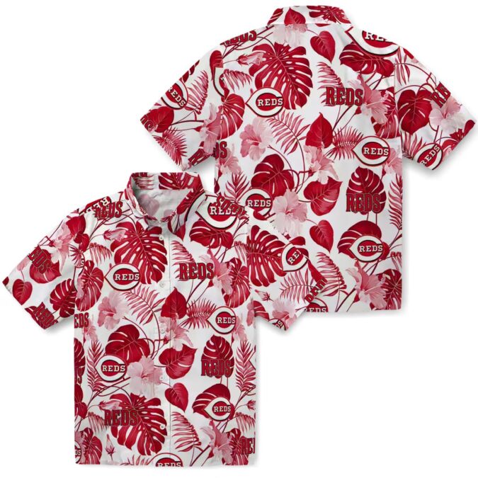 MLB Cincinnati Reds Tropical Plants Hawaiian Shirt - Red White Fan Apparel for Summer