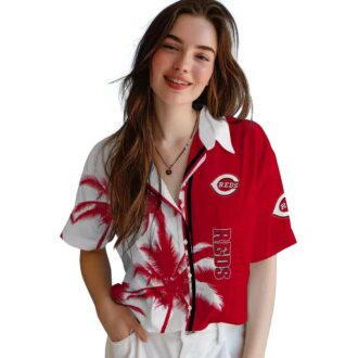 Red & White Cincinnati Reds Hawaiian Shirt - Palm Trees Tropical MLB Apparel