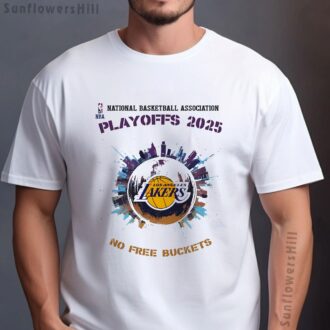 Los Angeles Lakers No Free Buckets NBA Playoffs 2025 T-Shirt - City Skyline Graphic Tee for Lakers Fans