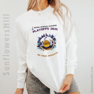 Los Angeles Lakers No Free Buckets NBA Playoffs 2025 T-Shirt - City Skyline Graphic Tee for Lakers Fans