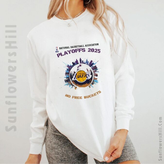 Los Angeles Lakers No Free Buckets NBA Playoffs 2025 T-Shirt - City Skyline Graphic Tee for Lakers Fans