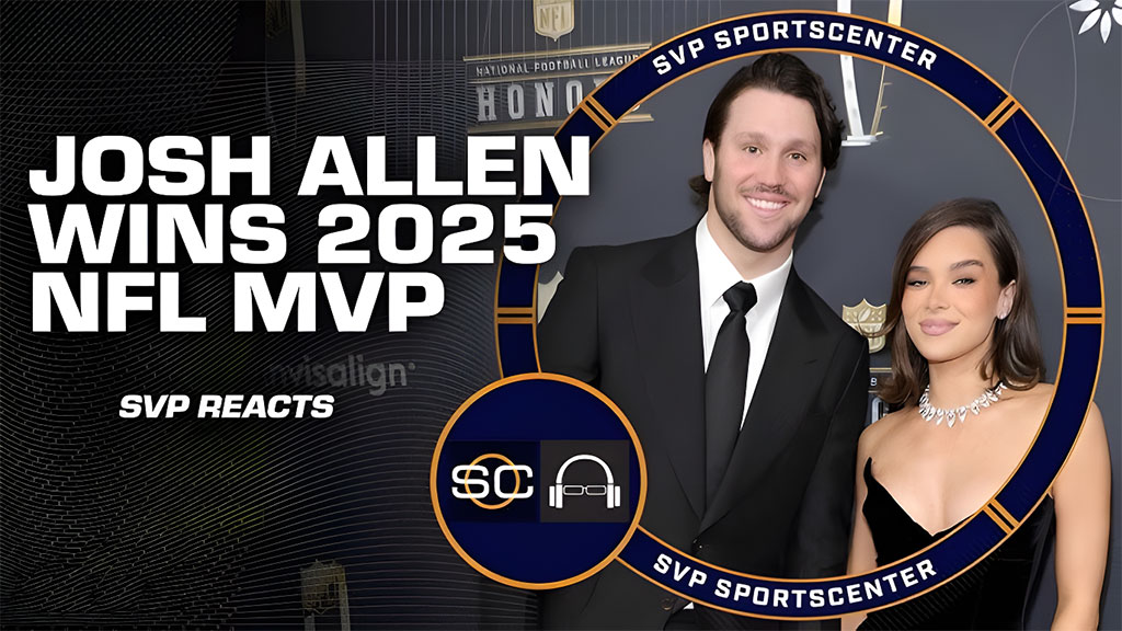Josh Allen and fiancée Hailee Steinfeld pose on the red carpet at the NFL Honors ceremony on February 6, 2025, in New Orleans