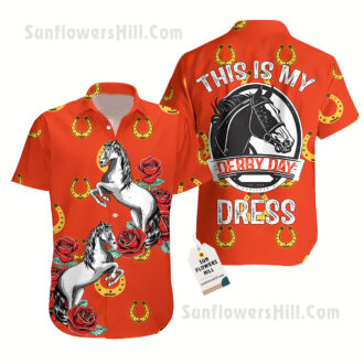 Vintage Kentucky Horseshoe Hawaiian Shirt - My Derby Day Dress, Orange Horse Racing Aloha Style