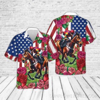 Kentucky Derby Churchill Downs Racing Hawaiian Shirt - American Flag & Rose Button-Up for Race Day Fans