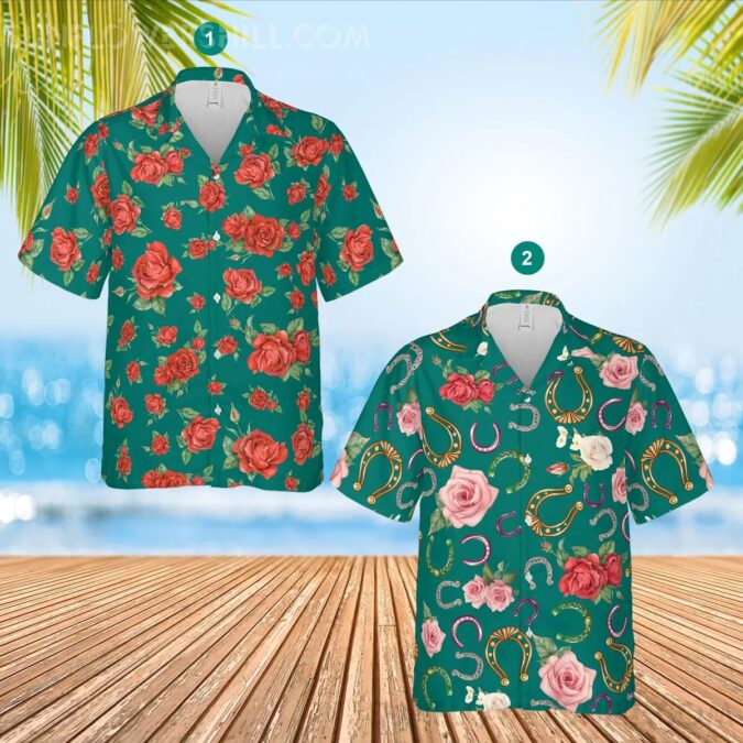 Kentucky Derby Horseshoe and Roses Button up Shirt, Summer Hawaiian Shirt for Men & Women