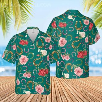 Kentucky Derby Horseshoe and Roses Button up Shirt, Summer Hawaiian Shirt for Men & Women