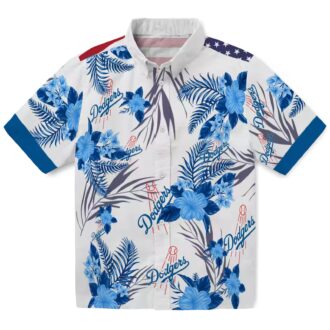 Dodgers MLB Blue White Hawaiian Shirt - Floral Hibiscus Patriotic Game Day Wear