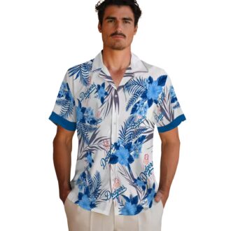 Dodgers MLB Blue White Hawaiian Shirt - Floral Hibiscus Patriotic Game Day Wear