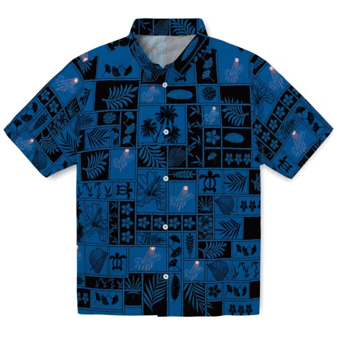 Los Angeles Dodgers Hawaiian Shirt - Tropical Patchwork Blue & Black Fan Apparel