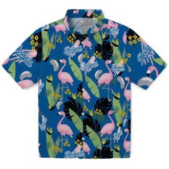 MLB Dodgers Men's Hawaiian Shirt - Blue Tropical Flamingo Leaf Button-Up