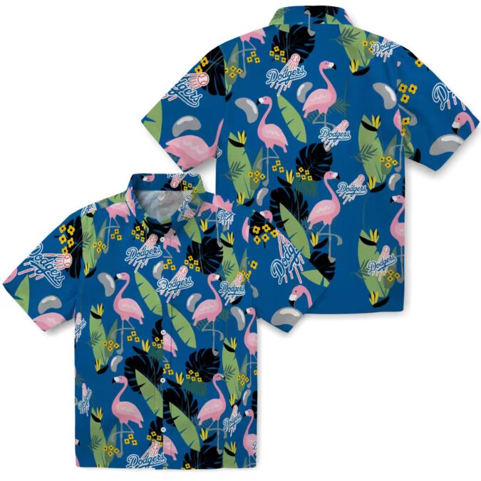 MLB Dodgers Men's Hawaiian Shirt - Blue Tropical Flamingo Leaf Button-Up