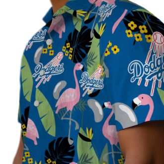 MLB Dodgers Men's Hawaiian Shirt - Blue Tropical Flamingo Leaf Button-Up