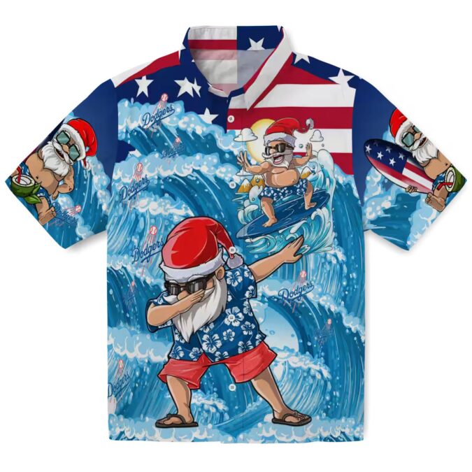 MLB Dodgers Surfing Santa Holiday Shirt - Blue Tropical Hawaiian Style
