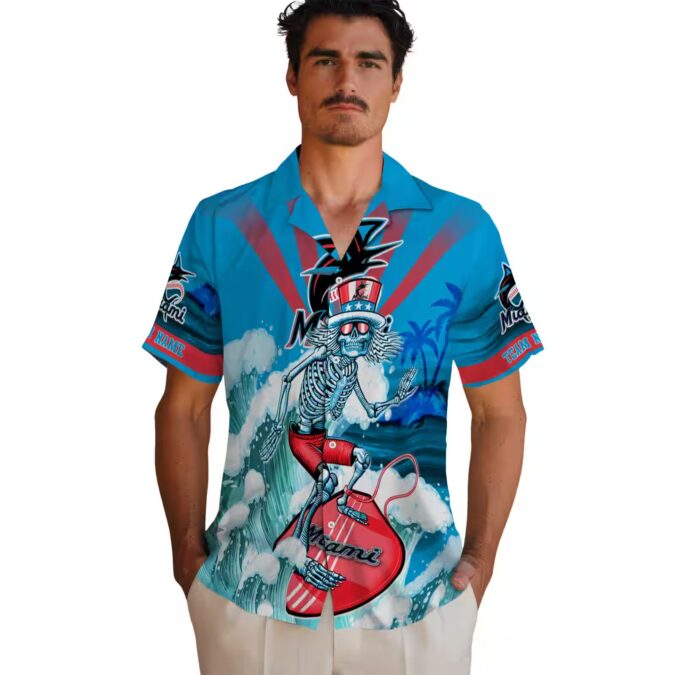Cool Miami Marlins Baseball Hawaiian Shirt - Surfing Skeleton Design for Fans