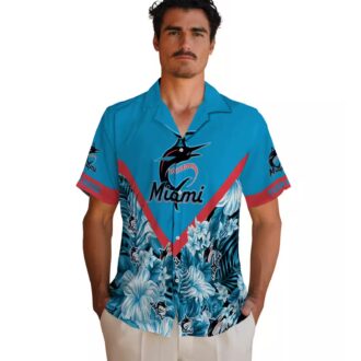 Men's Miami Marlins Floral Blue Hawaiian Shirt - Summer Baseball Beachwear