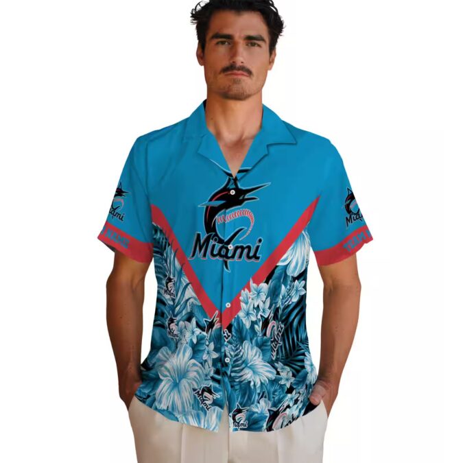 Men's Miami Marlins Floral Blue Hawaiian Shirt - Summer Baseball Beachwear