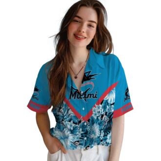 Men's Miami Marlins Floral Blue Hawaiian Shirt - Summer Baseball Beachwear