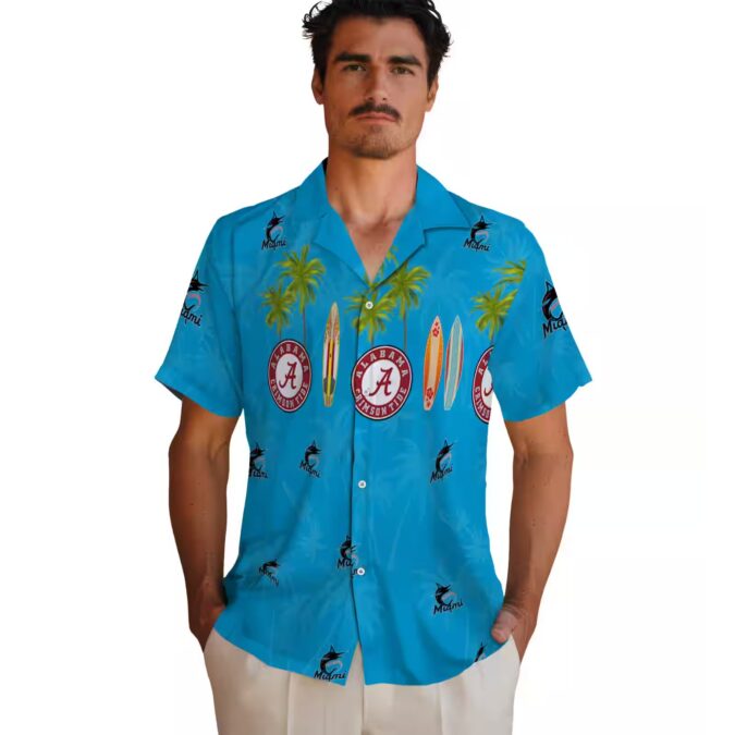 Men's Miami Marlins Surfboard Palm Blue Hawaiian Shirt - Perfect for Summer & Beach Days