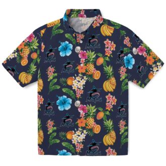 Men’s Miami Marlins Navy Blue Hawaiian Shirt - Hibiscus And Fruit Style