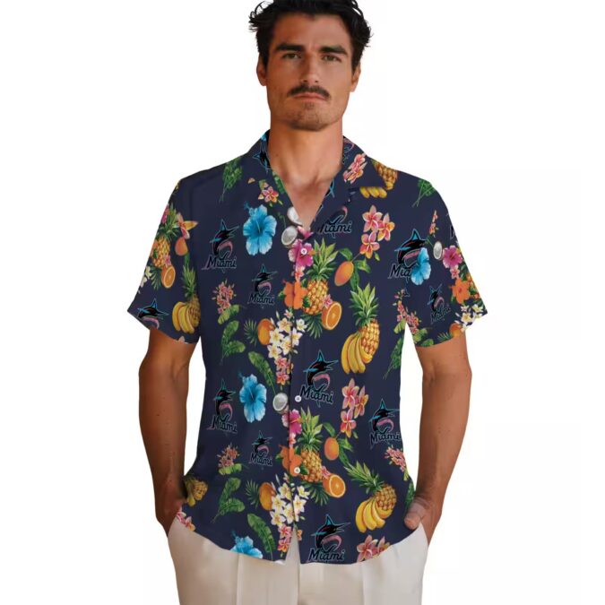 Men’s Miami Marlins Navy Blue Hawaiian Shirt - Hibiscus And Fruit Style