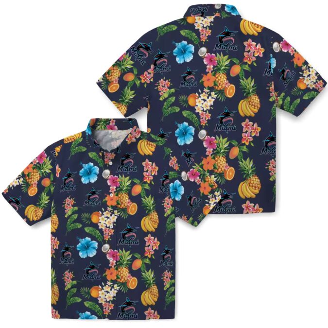 Men’s Miami Marlins Navy Blue Hawaiian Shirt - Hibiscus And Fruit Style