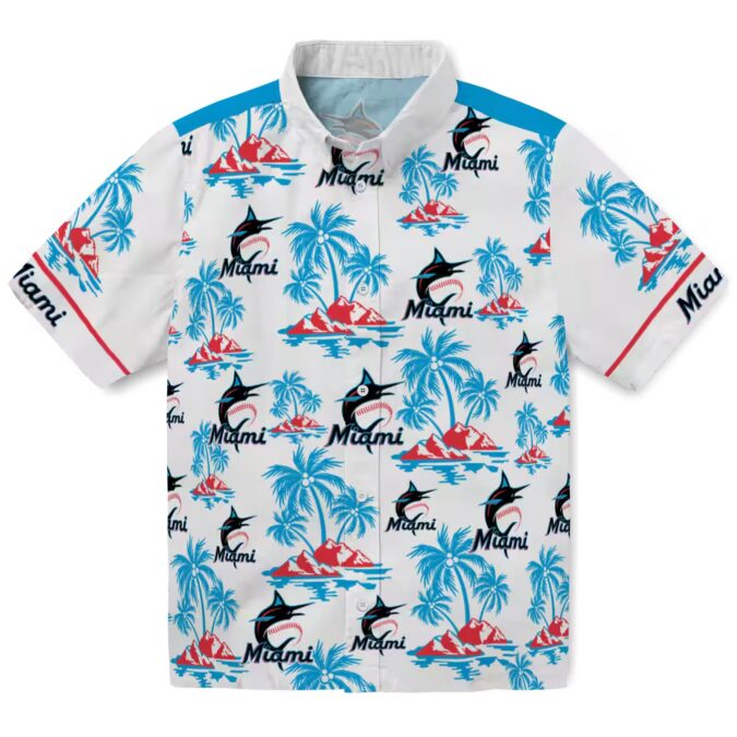 Miami Marlins Blue and White Aloha Shirt - Palm Island Hawaiian Print MLB Shirt for Summer