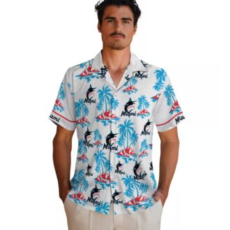 Miami Marlins Blue and White Aloha Shirt - Palm Island Hawaiian Print MLB Shirt for Summer