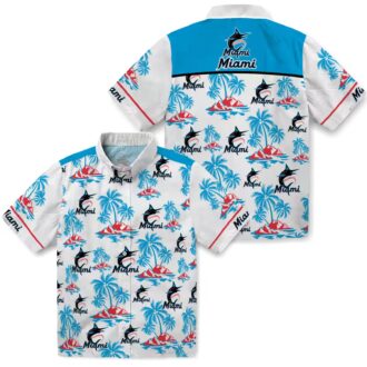 Miami Marlins Blue and White Aloha Shirt - Palm Island Hawaiian Print MLB Shirt for Summer