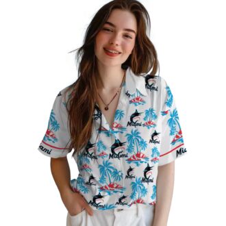 Miami Marlins Blue and White Aloha Shirt - Palm Island Hawaiian Print MLB Shirt for Summer