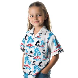 Miami Marlins Blue and White Aloha Shirt - Palm Island Hawaiian Print MLB Shirt for Summer