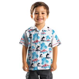 Miami Marlins Blue and White Aloha Shirt - Palm Island Hawaiian Print MLB Shirt for Summer