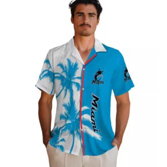 Miami Marlins Blue White Hawaiian Shirt - Tropical Palm Trees Aloha Shirt for Baseball Fans