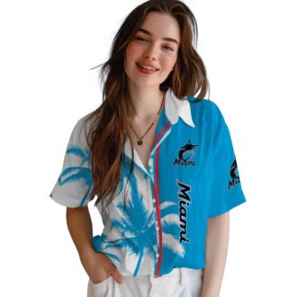 Miami Marlins Blue White Hawaiian Shirt - Tropical Palm Trees Aloha Shirt for Baseball Fans