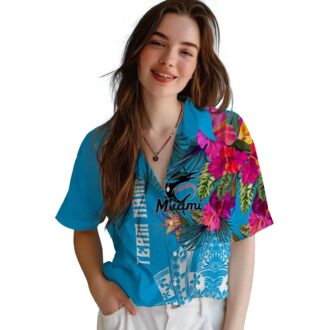 Miami Marlins Hawaiian Button Up Shirt - Floral Polynesian Aloha Style for Summer