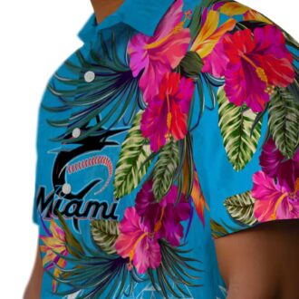 Miami Marlins Hawaiian Button Up Shirt - Floral Polynesian Aloha Style for Summer