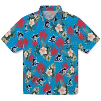 Miami Marlins Hawaiian Shirt for Men - Blue Palm Tree Flower Design, Perfect for Summer BBQ