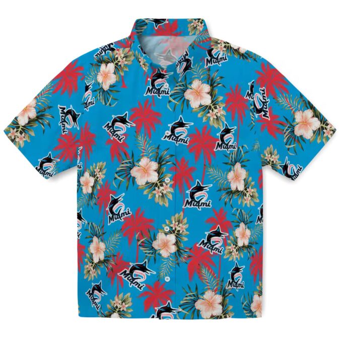 Miami Marlins Hawaiian Shirt for Men - Blue Palm Tree Flower Design, Perfect for Summer BBQ