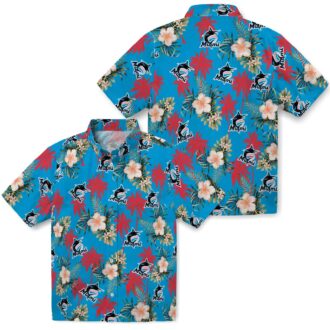 Miami Marlins Hawaiian Shirt for Men - Blue Palm Tree Flower Design, Perfect for Summer BBQ