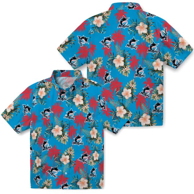 Miami Marlins Hawaiian Shirt for Men - Blue Palm Tree Flower Design, Perfect for Summer BBQ