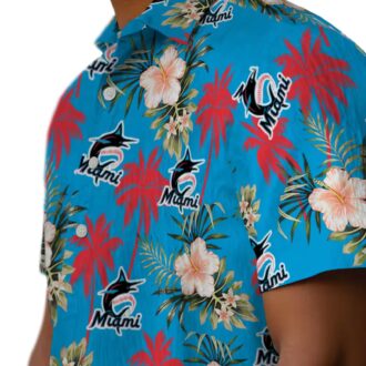 Miami Marlins Hawaiian Shirt for Men - Blue Palm Tree Flower Design, Perfect for Summer BBQ