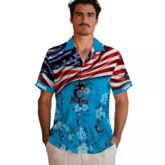 Miami Marlins Hawaiian Shirt with US Flag & Hibiscus Blue - Perfect for Beach & Games