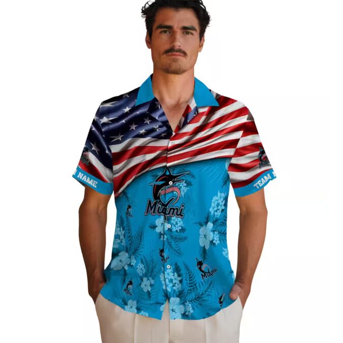 Miami Marlins Hawaiian Shirt with US Flag & Hibiscus Blue - Perfect for Beach & Games