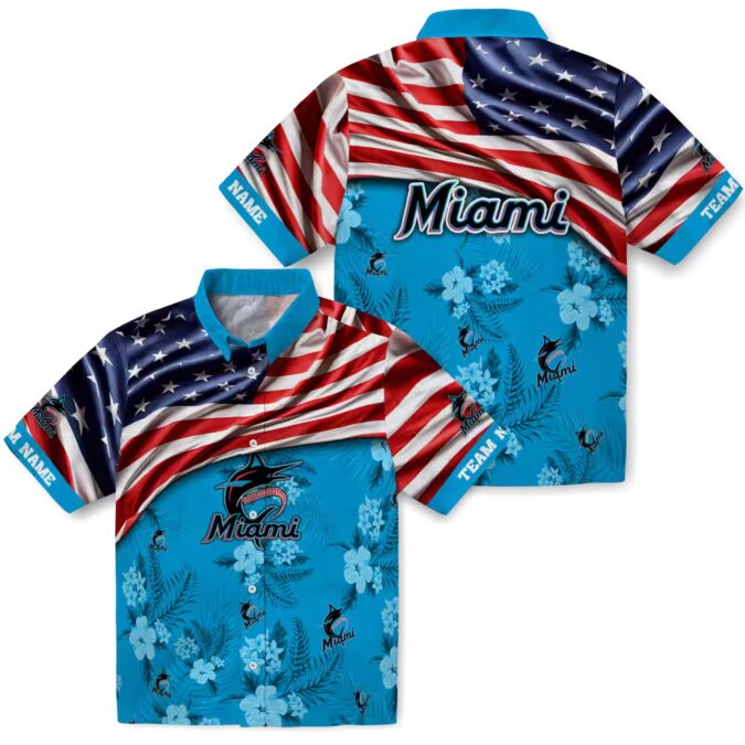 Miami Marlins Hawaiian Shirt with US Flag & Hibiscus Blue - Perfect for Beach & Games