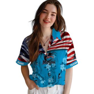 Miami Marlins Hawaiian Shirt with US Flag & Hibiscus Blue - Perfect for Beach & Games