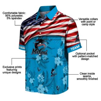 Miami Marlins Hawaiian Shirt with US Flag & Hibiscus Blue - Perfect for Beach & Games
