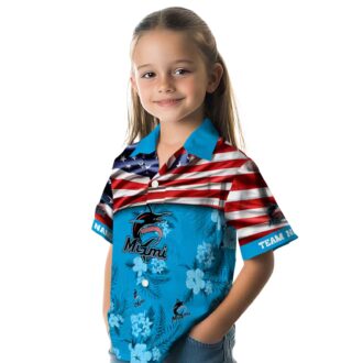 Miami Marlins Hawaiian Shirt with US Flag & Hibiscus Blue - Perfect for Beach & Games