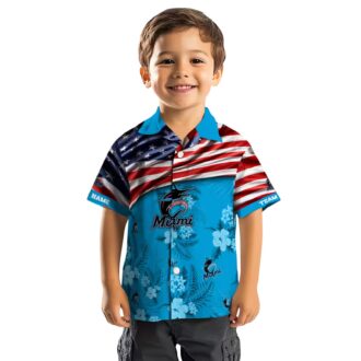 Miami Marlins Hawaiian Shirt with US Flag & Hibiscus Blue - Perfect for Beach & Games